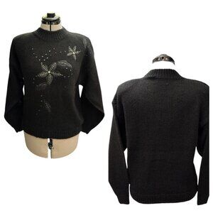 Vintage Shenanigans Black Beaded Applique Sweater 80s Black Sequins Appliqué